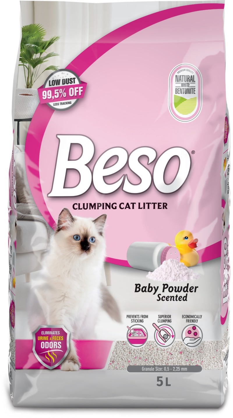 Beso Clumping Cat Litter , Baby Powder Scent 5L Strong odor control and fast clumping with long-lasting freshness. - Image 1